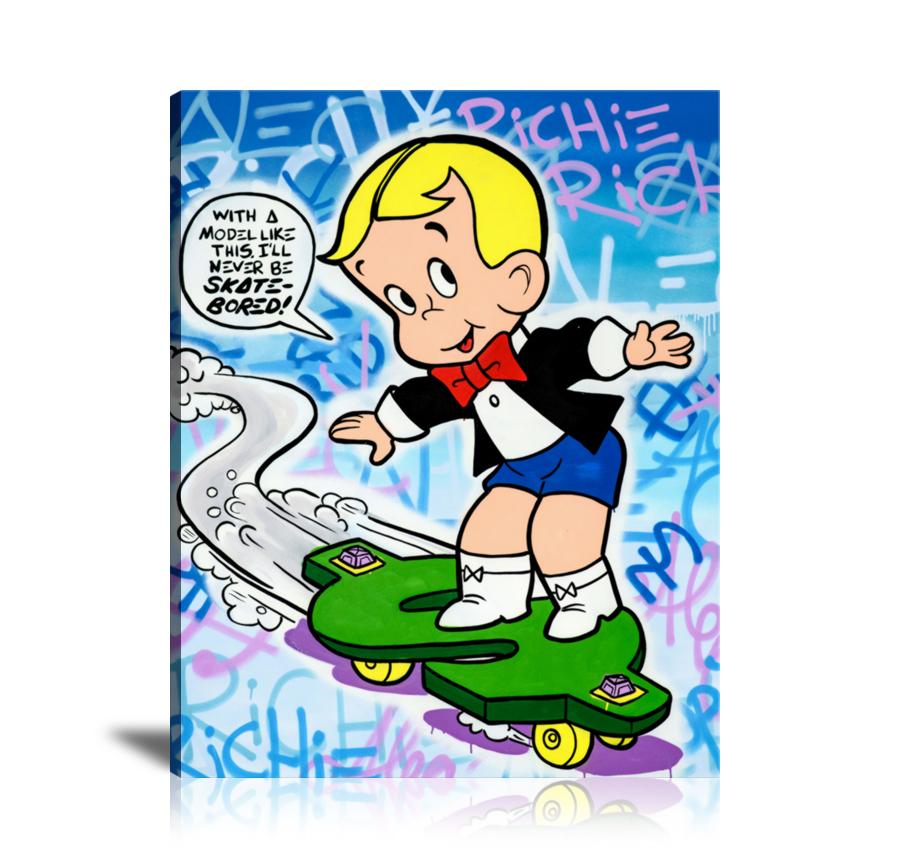 Richie Rich, Skate Borad, Money Skate Board, Spray Paint, Graffiti, Colorful, Street Art, Prints, Pop Art, Paintings, Canvas, Art, Alec Monopoly,  Vertical