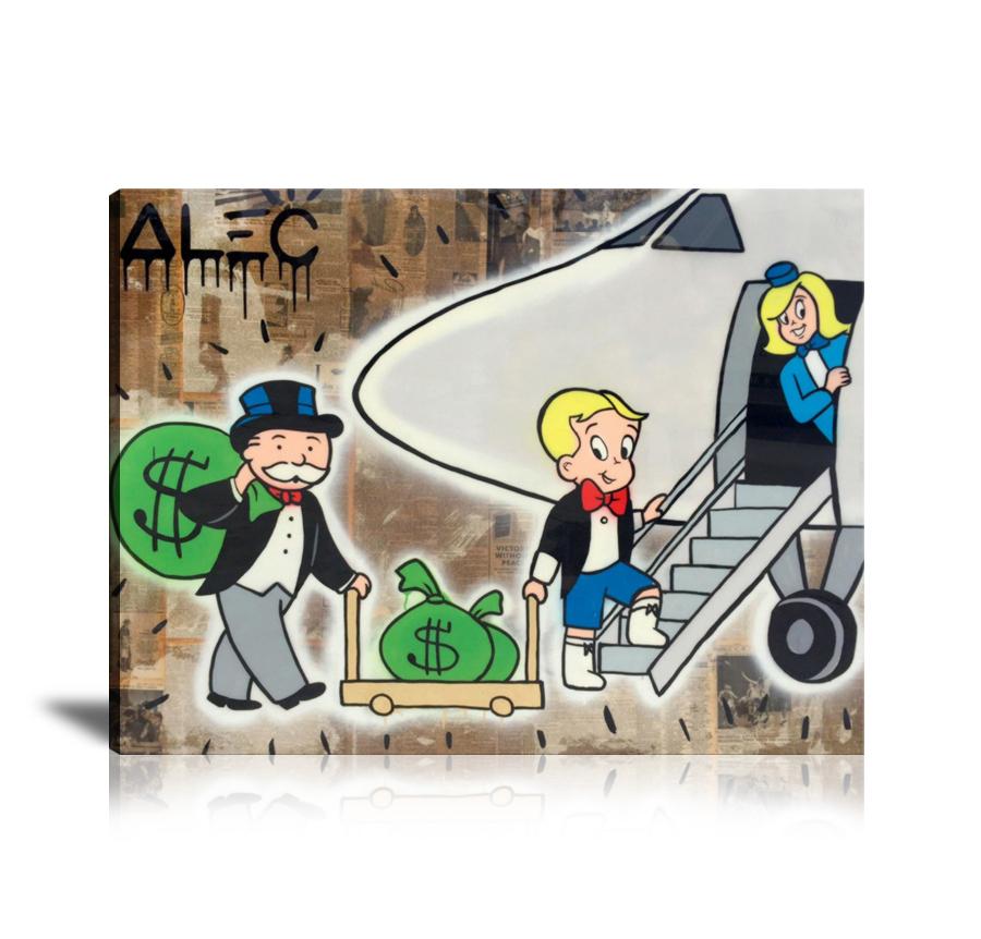 Richie Rich, Airplane, Rich Airways, Cash Bag, Money Bag, Spray Paint, Newspapers, Graffiti, Street Art, Prints, Pop Art, Paintings, Canvas, Art, Alec Monopoly, Landscape