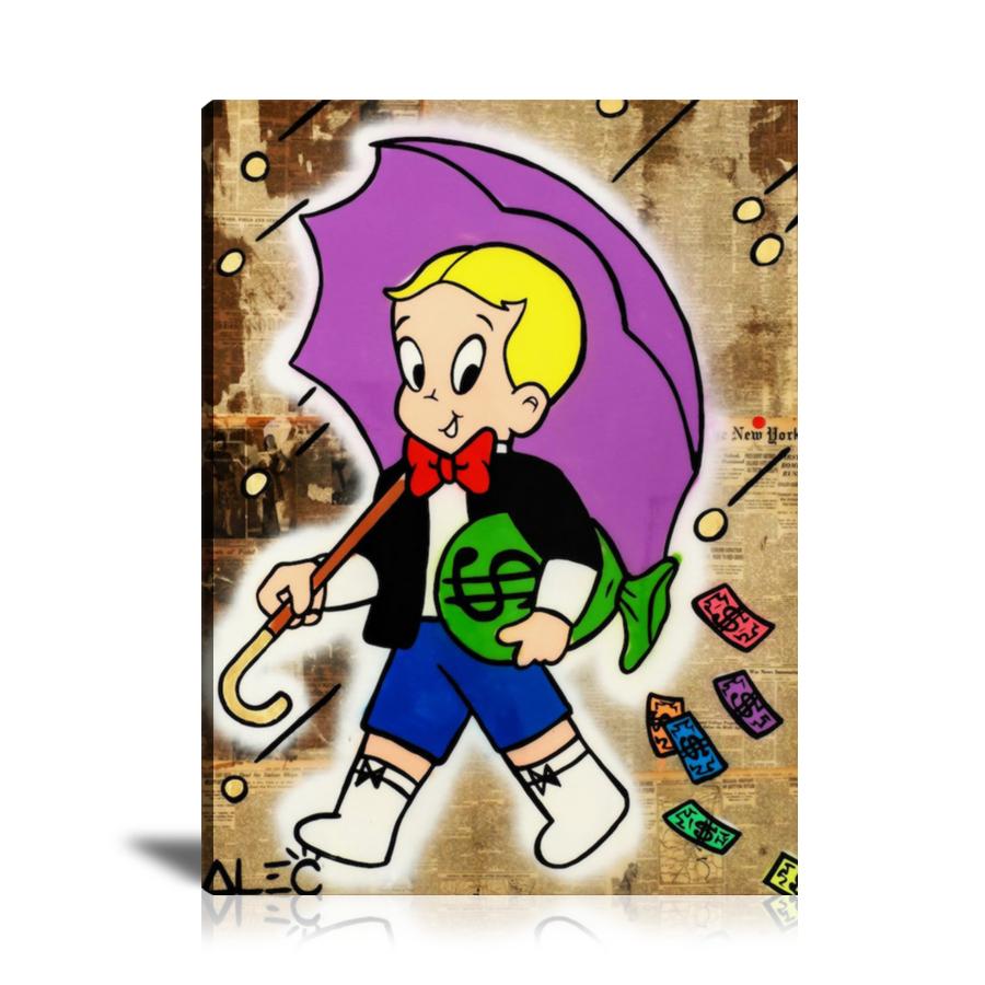 Richie Rich, Umbrella, Money Rain, Cash Bag, Money Bag, Newspaper, Spray Paint, Graffiti, Colorful, Street Art, Prints, Pop Art, Paintings, Canvas, Art, Alec Monopoly, Vertical