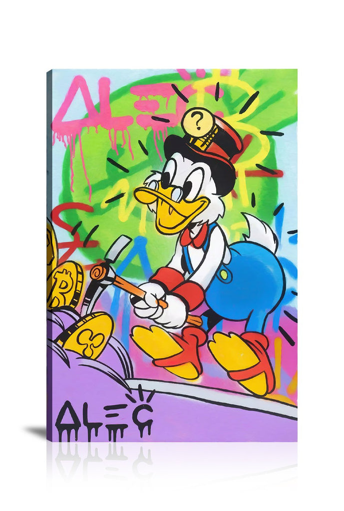 Vertical, Street Art, Prints, Pop Art, Paintings, Canvas, Art, Alec Monopoly, Scrooge, Bitcoin, Mining, Miner, Crypto, Colorful, Happy, Artwork