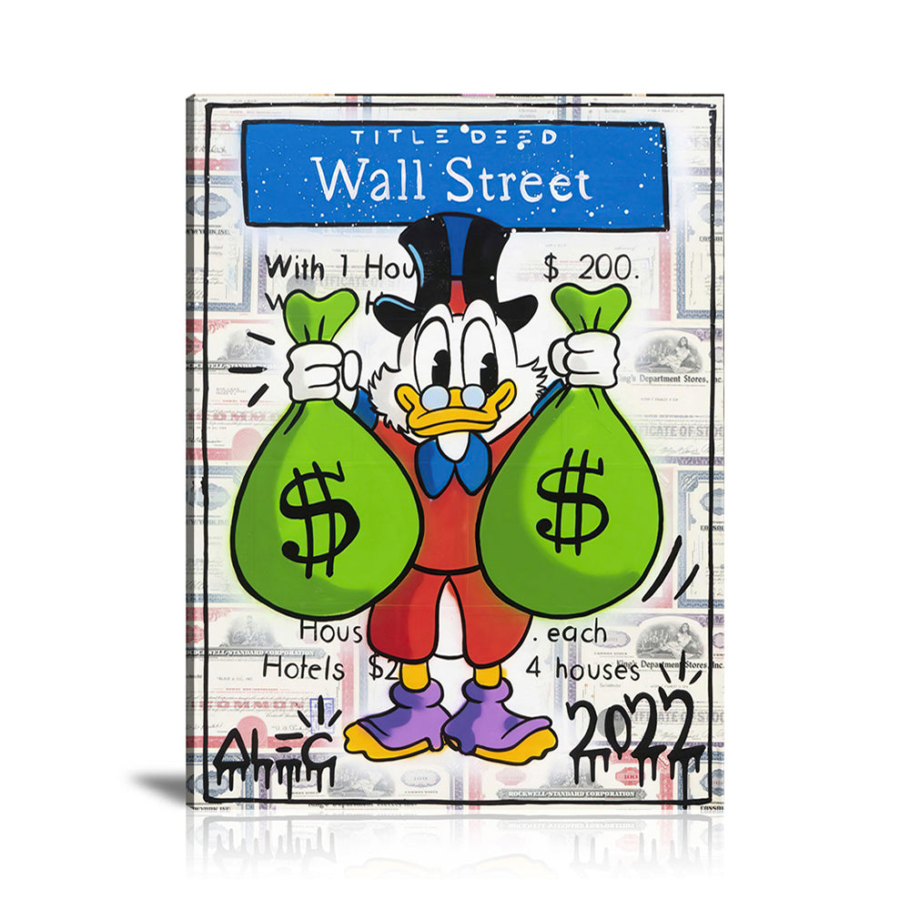 Alec,Alec Monopoly,Canvas Art,Colorful,Dollar Sign,Money,Money Bag,News,Paintings,Pop Art,Prints,Scrooge McDuck,Street Art,Title Deed,Vertical,Wall Art,Wall Street