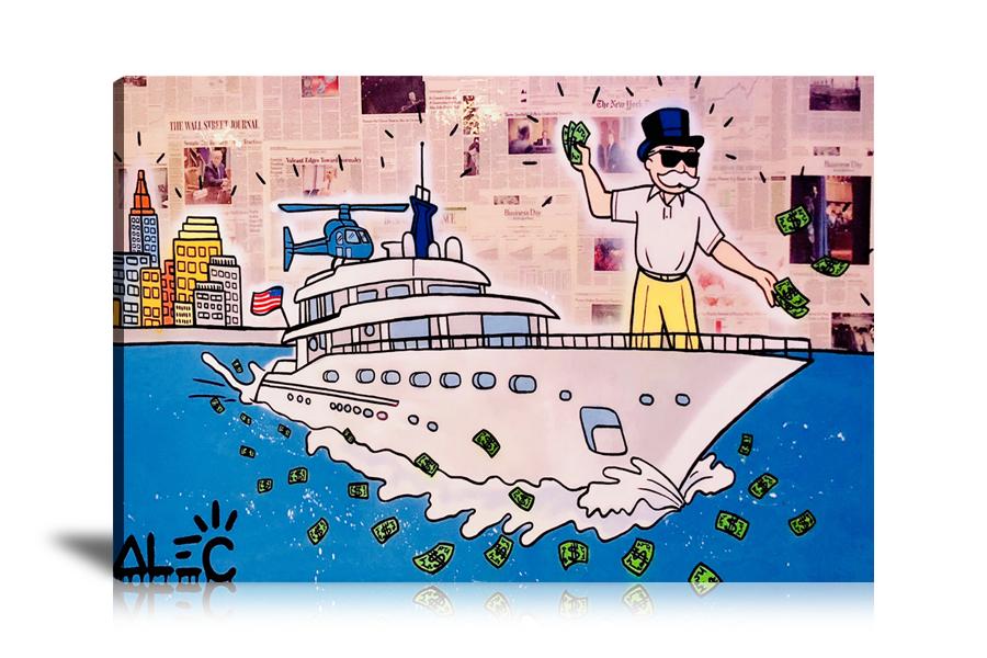 Money, Dollar, Luxury Motoryacht, American Flag, Helicopter, Skyscapper, Jordan Belfort, Throwing Cash, Newspapers, Spray Paint, Street Art, Prints, Pop Art, Paintings, Canvas, Art, Alec Monopoly, Landscape