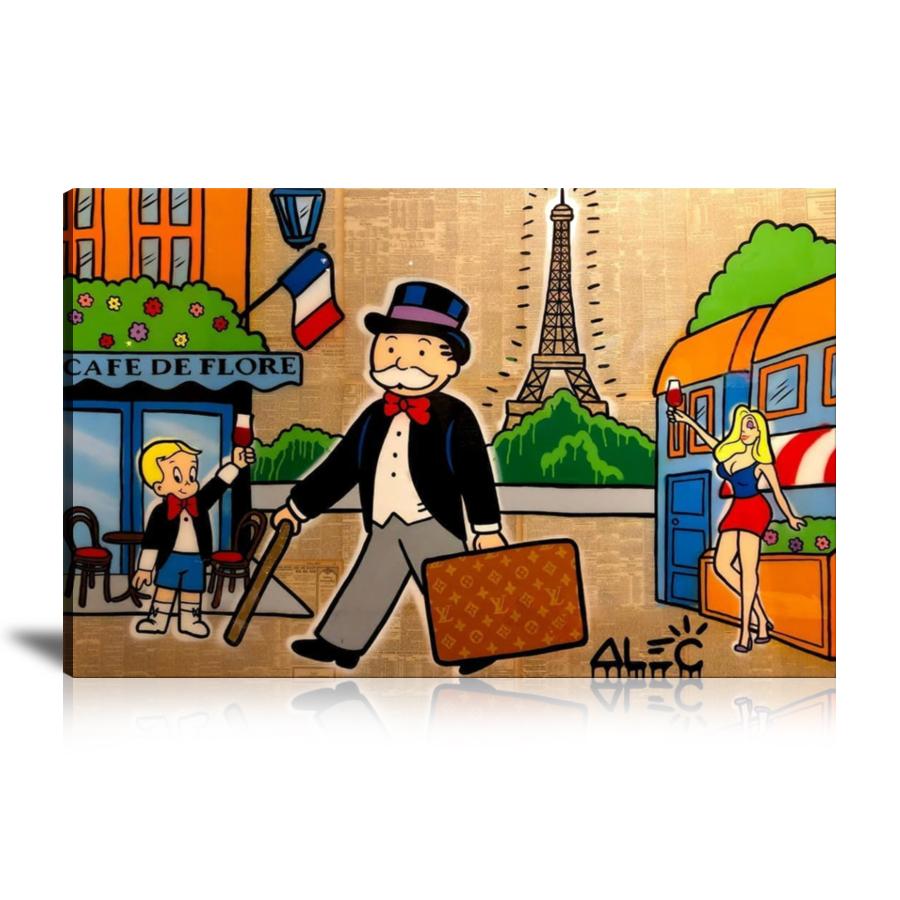 Street Art, Prints, Pop Art, Paintings, Canvas, Art, Alec Monopoly, Landscape, France, Paris, Monopoly Family In Paris, Richie Rich, Monopoly, Eiffel Tower, Cafe De Flore, Travel, Louis Vuitton, Luxury Brand