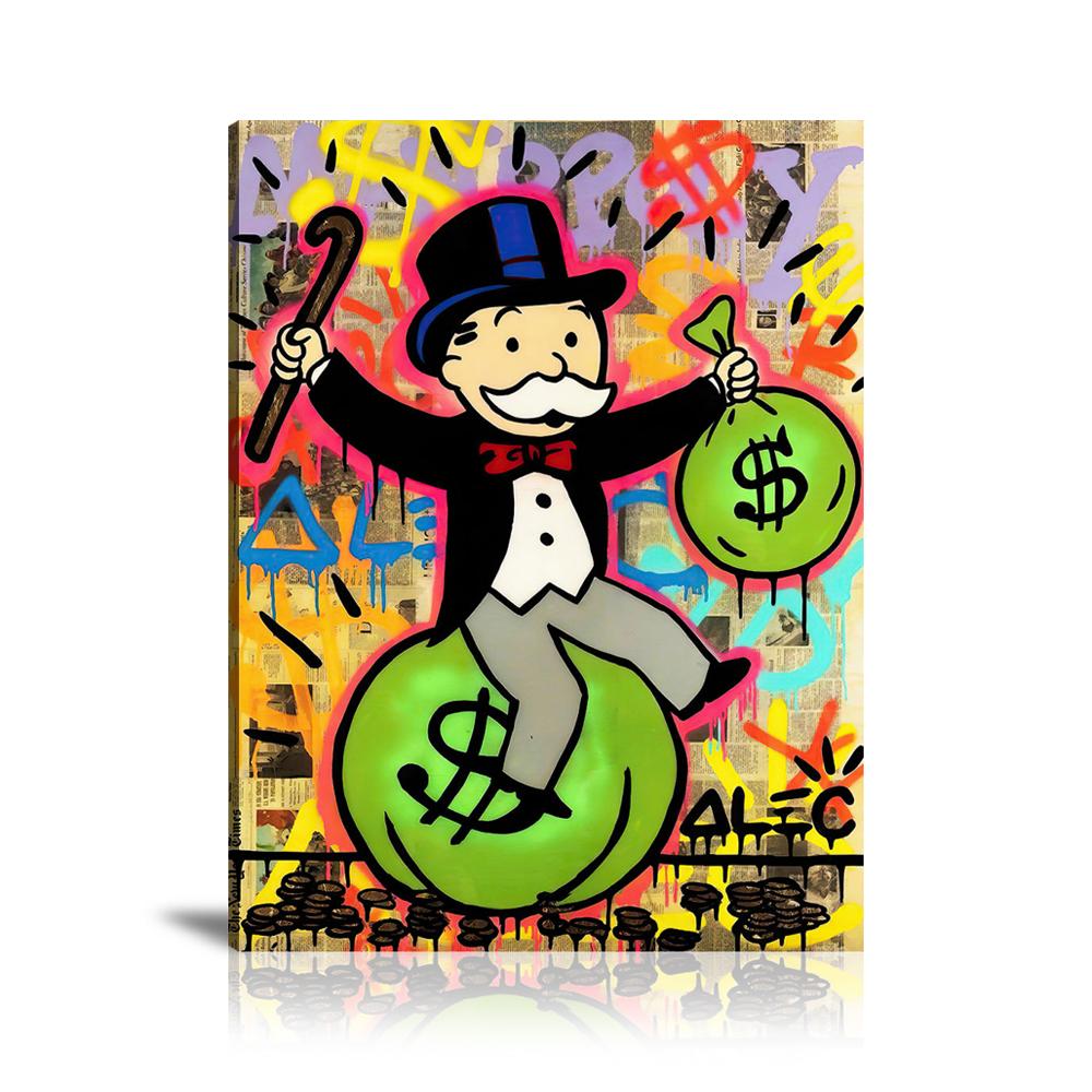 Street Art, Prints, Pop Art, Paintings, Canvas, Art, Alec Monopoly, Sitting, Money Bag, Money, Monopoly, Monopz, Newspaper