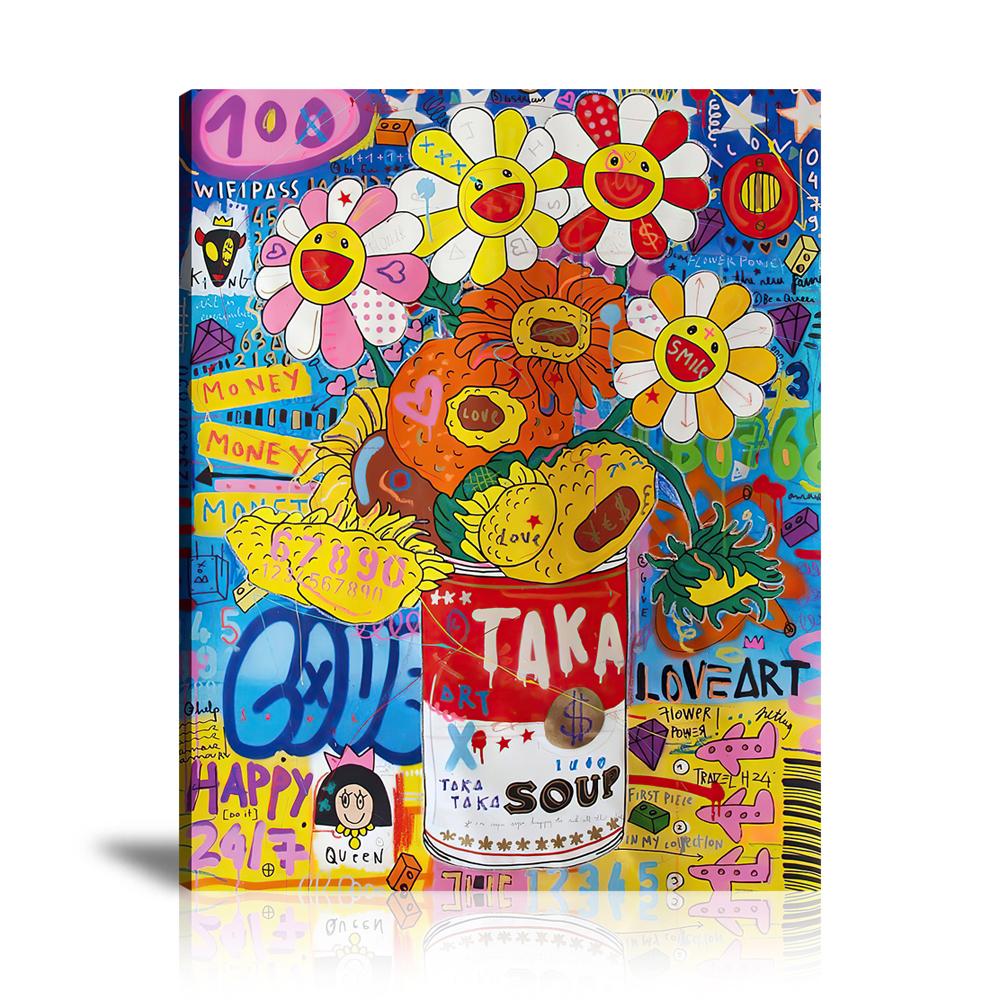 Takashi Sun Flower Wall Art: Large Colorful Graffiti Print or Framed Canvas Painting for Modern Living Rooms, Dining Rooms and Bedrooms