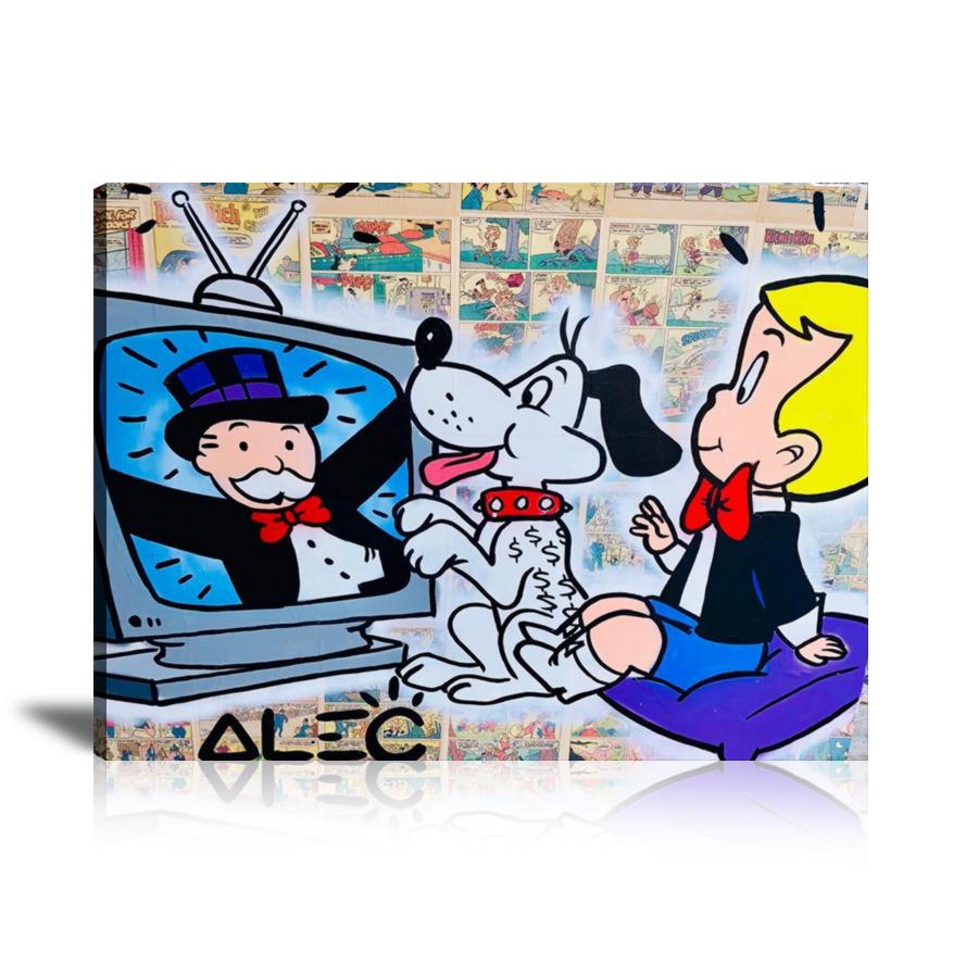 Richie Rich, Television, Watching TV, Puppy, Dollar Sign, Comics, Spray Paint, Graffiti, Colorful, Street Art, Prints, Pop Art, Paintings, Canvas, Art, Alec Monopoly, Landscape