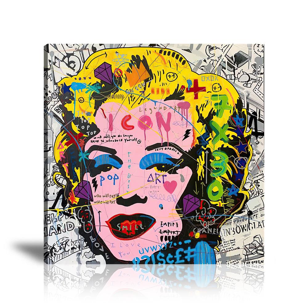 Street Art, Prints, Pop Art, Paintings, Canvas, Art, Jisbar, Square, Marilyn Monroe, Blonde, Portrait, Box, Black and White, Icon, Pop, Colorful