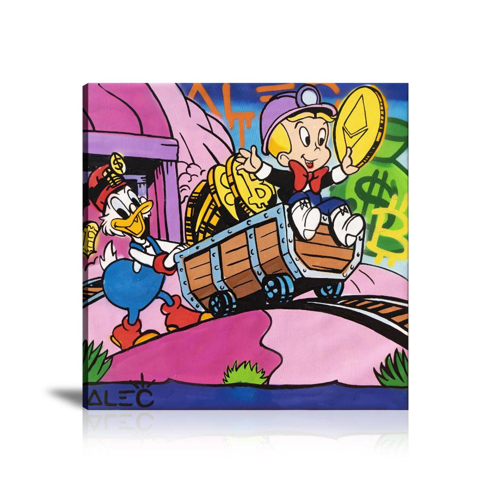 Street Art, Prints, Pop Art, Paintings, Canvas, Art, Alec Monopoly, Team, Miner Car, Miner, Richie Rich, Scrooge, McDuck, Coin, Mining, Colorful, Paint