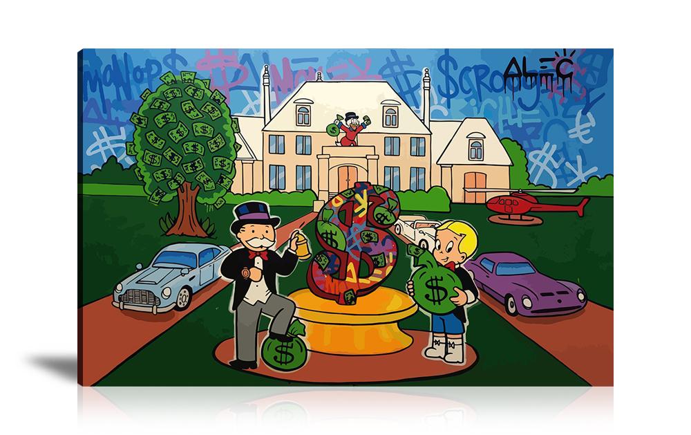 Street Art, Prints, Pop Art, Paintings, Canvas, Art, Alec Monopoly, Mansion, Richie Rich, Monopoly, Dollar Sign, Dollar, McDuck, Scrooge, Villas, Private Jet, Money Tree, Colorful