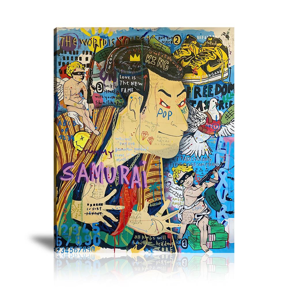 Street Art, Prints, Pop Art, Paintings, Canvas, Art, Jisbar, Vertical, Ukiyo E, King, Samurai, Cupid, Dollar, Money, Nike, Colorful