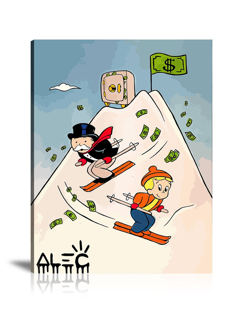 Street Art, Prints, Pop Art, Paintings, Canvas, Art, Alec Monopoly, Vault, Peak, Money, Skiing, Sport, Monopoly, Richie Rich, Snow, Dollar, Flag