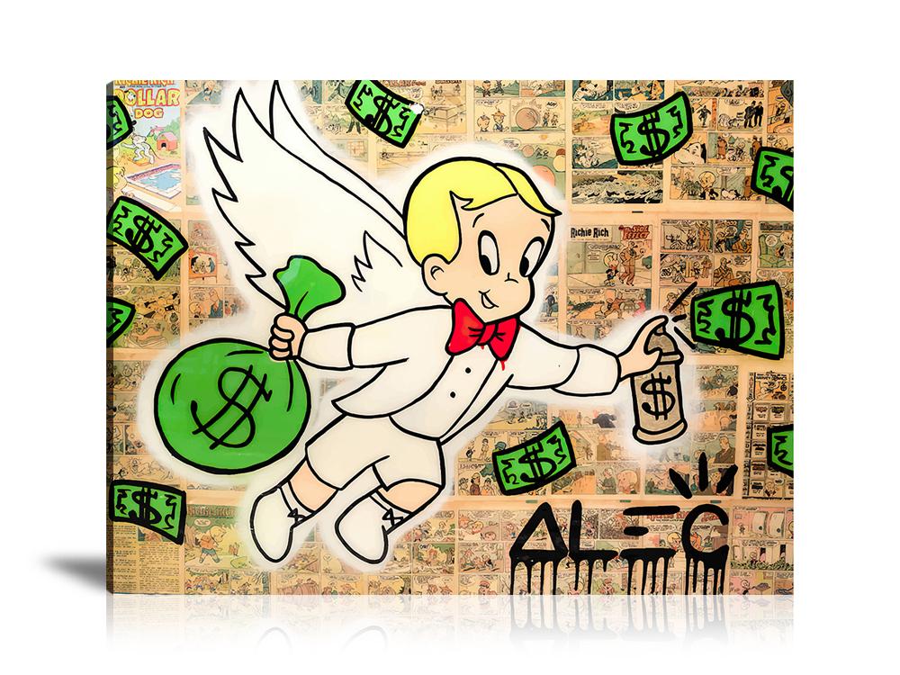 Street Art, Prints, Pop Art, Paintings, Canvas, Art, Alec Monopoly, White, Richie Rich, Comic, Dollar, Spray, Wings, Angel, Money Bag, Money, Comic, Colorful