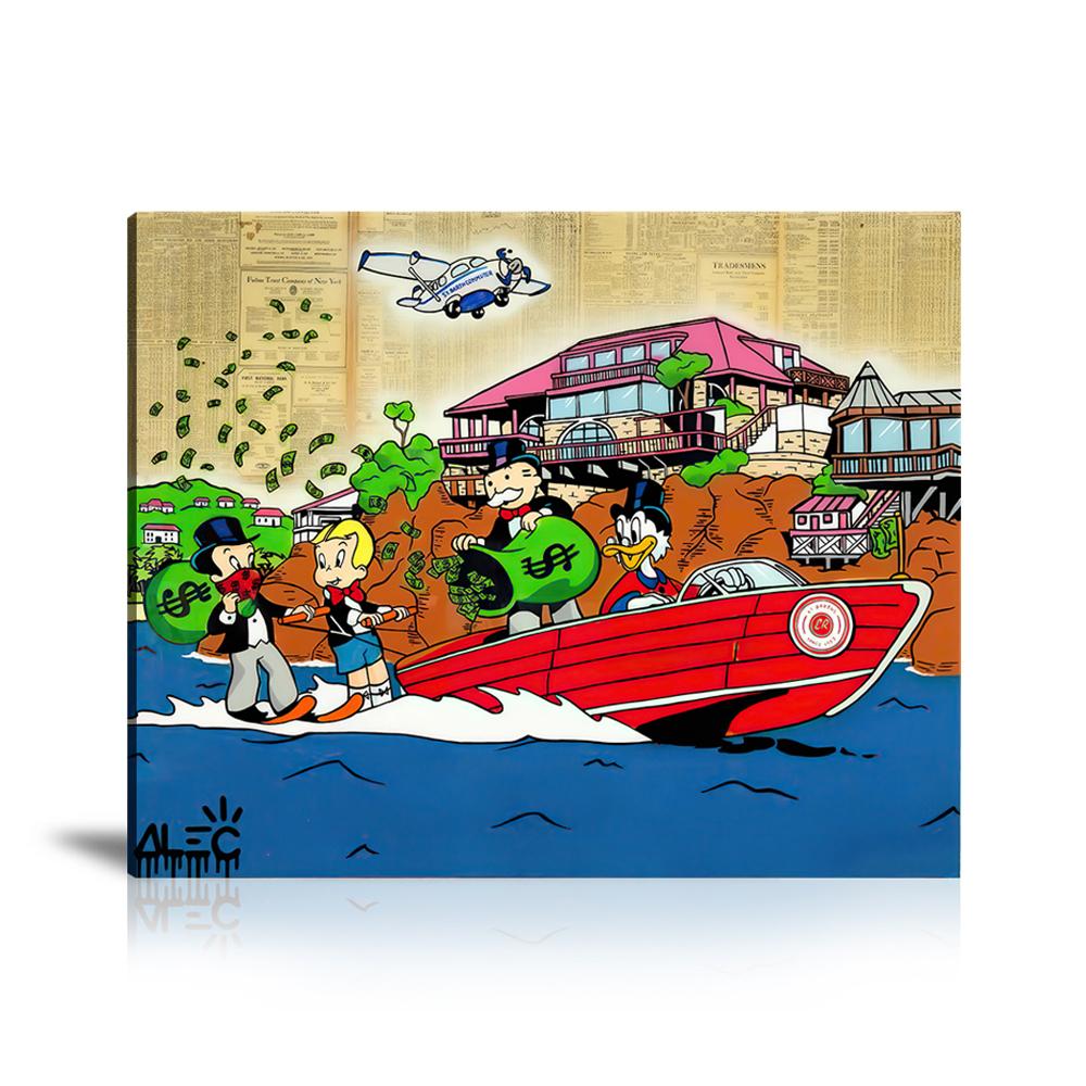 Street Art, Prints, Pop Art, Paintings, Canvas, Art, Alec Monopoly, Team, Speedboat, Waterski, Sport, Private Jet, Villas, Newspaper, Scrooge, McDuck, Richie Rich, Monopoly, Dollar. Money, Money Bag, Dollar Bag