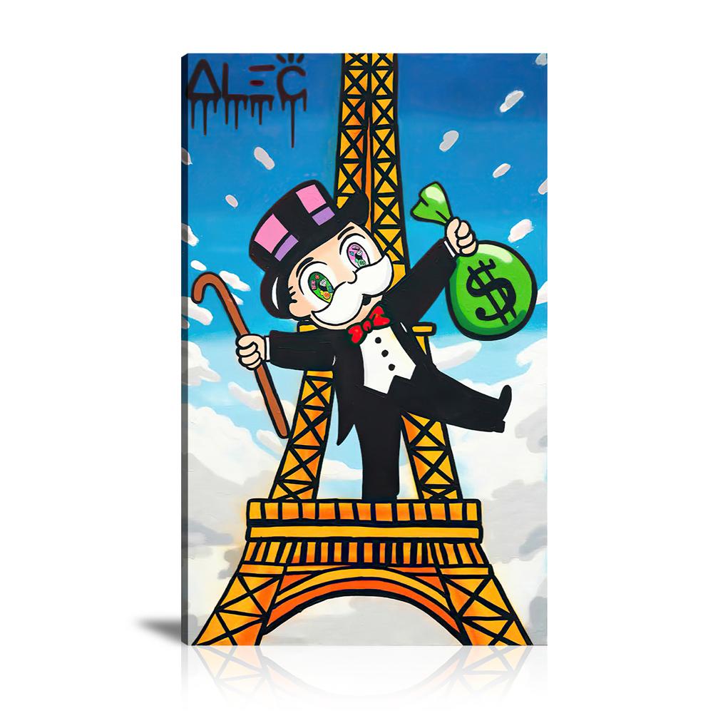 Street Art, Prints, Pop Art, Paintings, Canvas, Art, Alec Monopoly, Monopz, Monopoly, Dollar Bag, Money Bag, Eiffel Tower, Paris, Travel, Colorful, Big Eyes, Paint