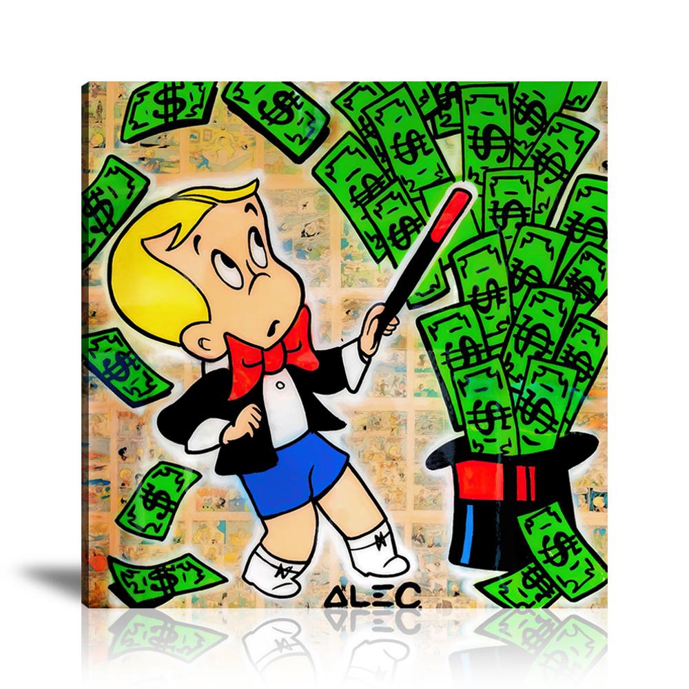 Street Art, Prints, Pop Art, Paintings, Canvas, Art, Alec Monopoly, Richie Rich, Cash, Magic Hat, Dollar, Money, Comic, Newspaper, Colorful