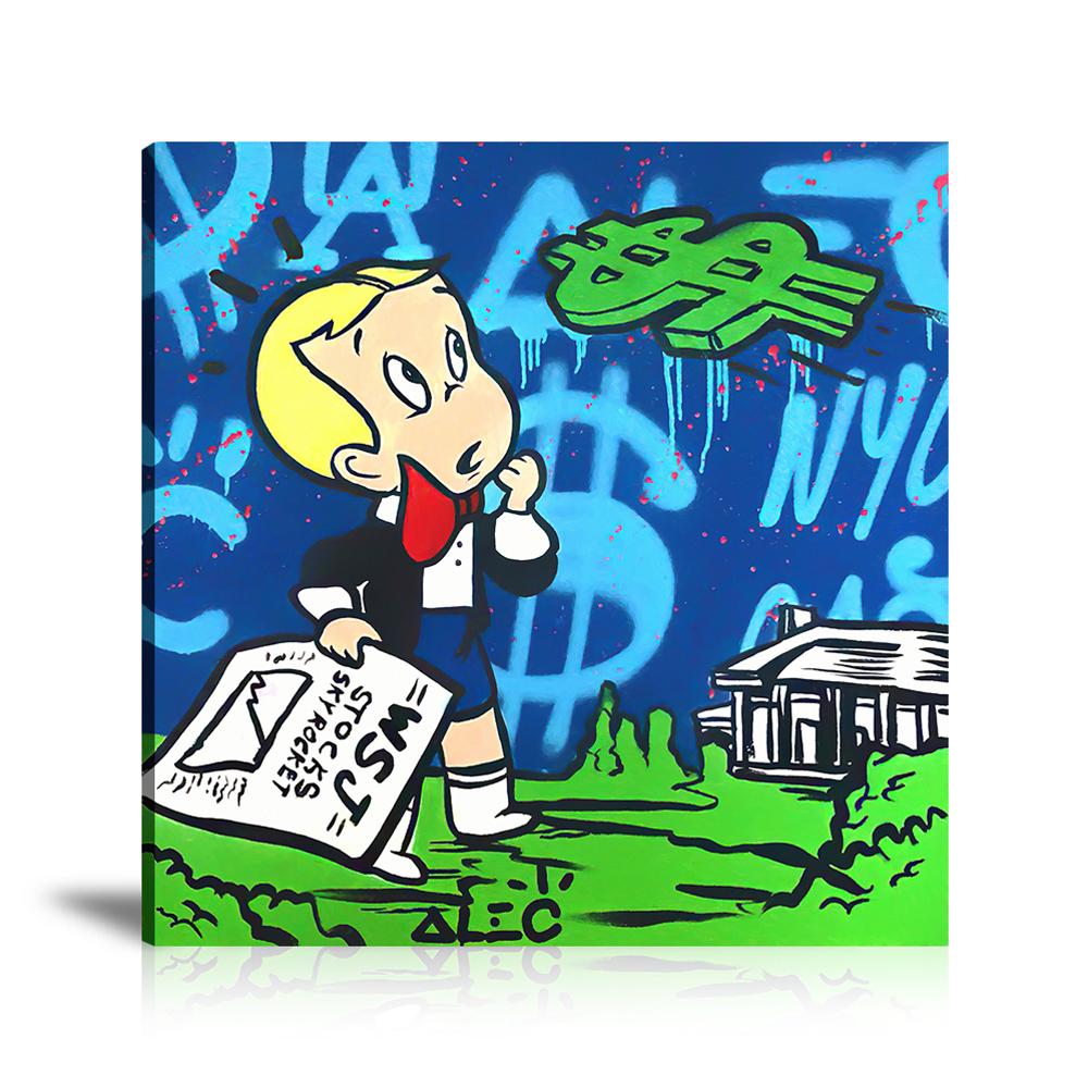 Street Art, Prints, Pop Art, Paintings, Canvas, Art, Alec Monopoly, Richie Rich, Reading, Dollar Sign, Dollar, Stock, Skyrocket, Paint, Colorful