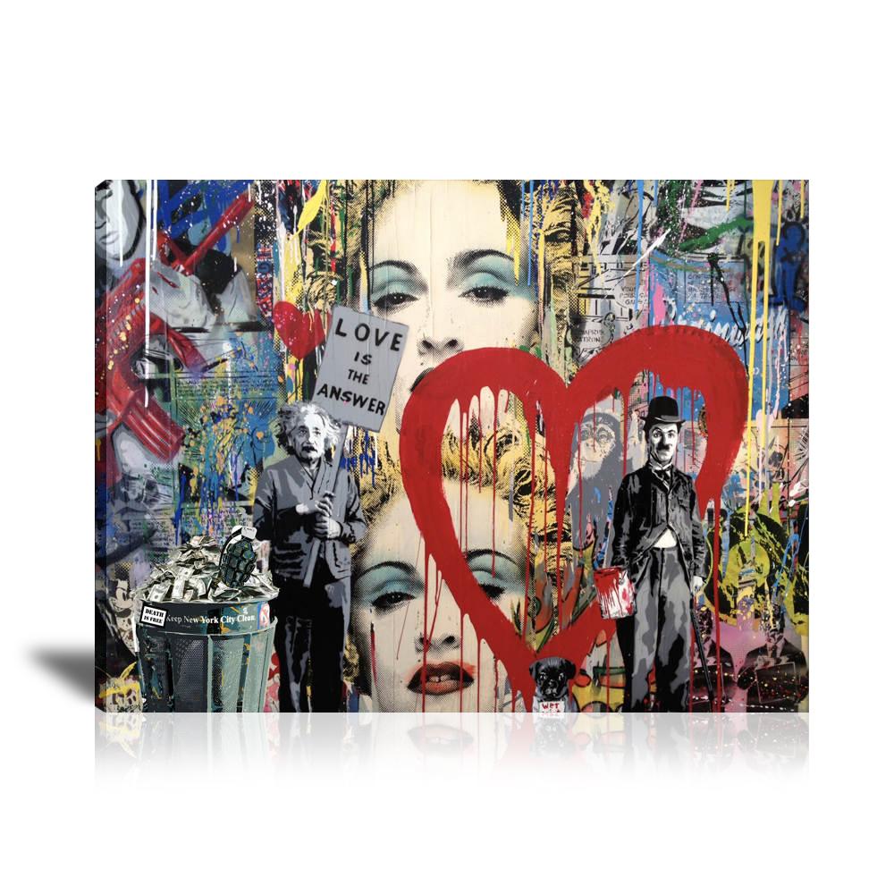 Einstein Madonna Love Is The Answer Wall Art: Large Colorful Graffiti Print or Framed Canvas Painting for Modern Living Rooms, Dining Rooms and Bedrooms