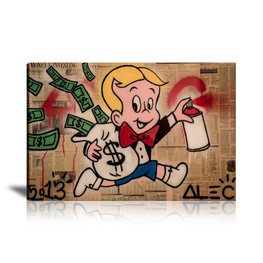 Richie Rich, Spray Can, Money Rain, Cash Bag, Money Bag, Newspaper, Spray Paint, Graffiti, Colorful, Street Art, Prints, Pop Art, Paintings, Canvas, Art, Alec Monopoly, Landscape