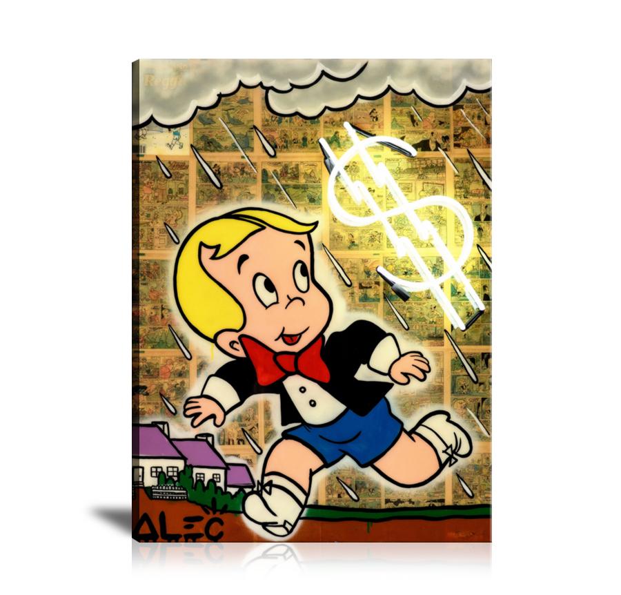 Richie Rich, Runaways, Dollar Sign, Neon, Lightning, Spray Paint, Graffiti, Comics, Raining, Street Art, Prints, Pop Art, Paintings, Canvas, Art, Alec Monopoly, Vertical