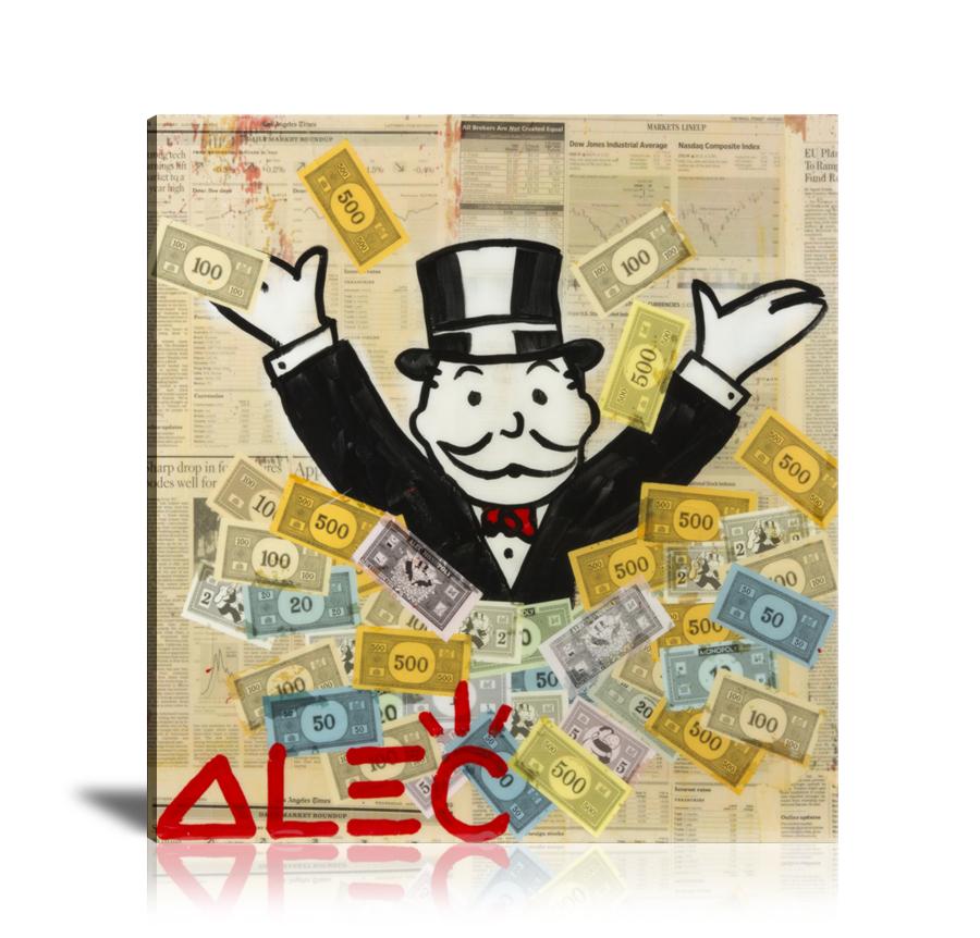 Street Art, Prints, Pop Art, Paintings, Canvas, Art, Alec Monopoly, Monopoly, Dollar, Black and White, Happy, Newspaper