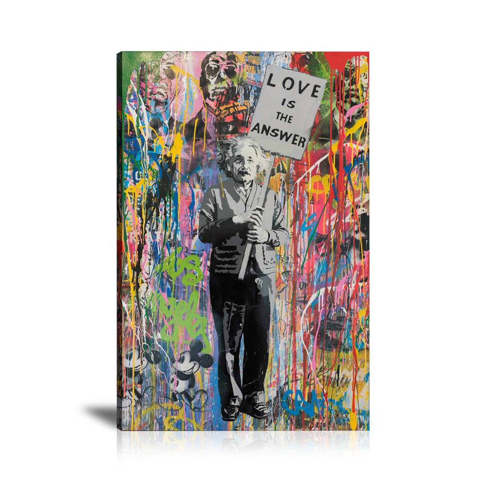 Einstein and Hitchcock Love Is The Answer Wall Art: Large Colorful Graffiti Print or Framed Canvas Painting for Modern Living Rooms, Dining Rooms and Bedrooms