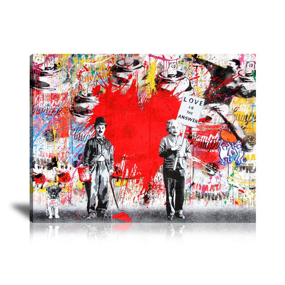 Einstein & Charlie Chaplin Love Is The Answer Wall Art: Large Colorful Graffiti Print or Framed Canvas Painting for Modern Living Rooms, Dining Rooms and Bedrooms