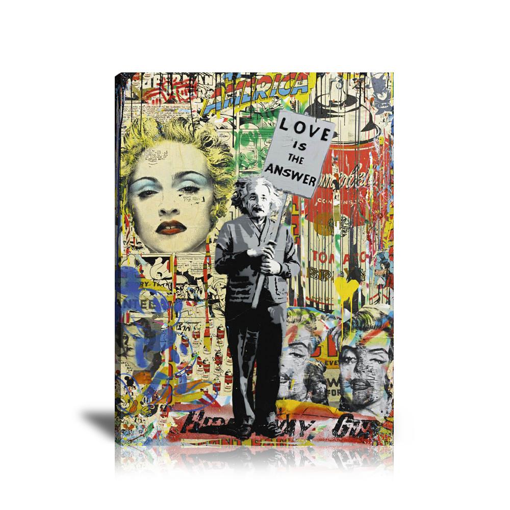 Albert Einstein, Love is the Answer, Superman, Campbell’s, Spray, Ka-Pow, Mickey Mouse, Monkey, Laugh Now, Marilyn Monroe, Madona, Comics, America,  Collage Art, Graffiti, Paint Drop, Colorful