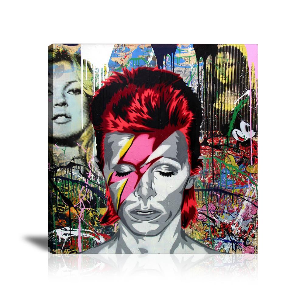 David Bowie, Monalisa, Mickey Mouse, Ka-Pow, Kate Moss,Fragile, Collage Art, Colorful, Spray, Graffiti, Street Art, Prints, Pop Art, Paintings, Mr. Brainwash, Canvas, Square