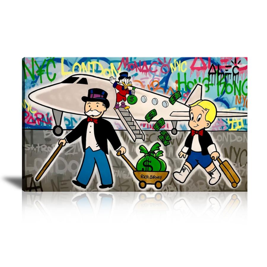 Richie Rich, Scrooge McDuck, Rich Airway, Cash Bag, Airplane, NYC, Monaco, Paris, Spray Paint, Colorful, Street Art, Prints, Pop Art, Paintings, Canvas, Art, Alec Monopoly, Landscape