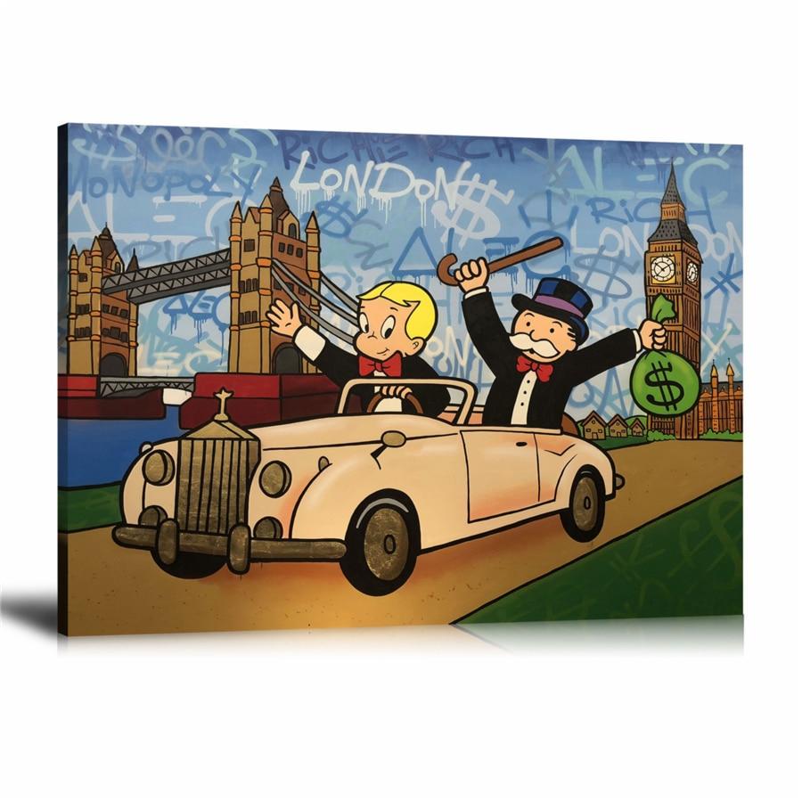 Richie Rich, Rolls Royces, Big Ben Tower, Tower Bridge, London, Cash Bag, Graffiti, Spray Paint, Colorful, Street Art, Prints, Pop Art, Paintings, Canvas, Art, Alec Monopoly, Landscape