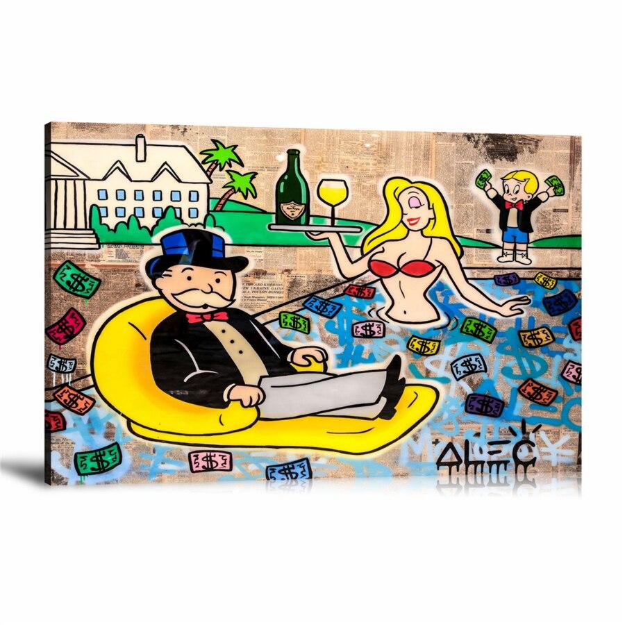 Vacation, Floating, Richie Rich, Champagne, Jessica Rabbit, US Dollar, Newspaper, Spray Paint, Graffiti, Street Art, Prints, Pop Art, Paintings, Canvas, Art, Alec Monopoly, Monopoly, Landscape