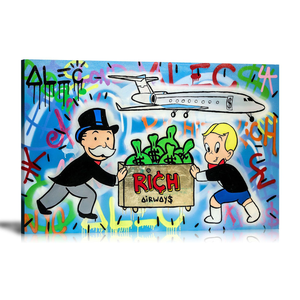 Richie Rich, Cash Bag, Airplane, Rich Airways, Spray Paint, Colorful, Street Art, Prints, Pop Art, Paintings, Canvas, Art, Alec Monopoly, Landscape, Monopoly