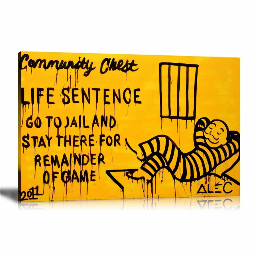 Go to Jail, Monopoly Jailbird, Lying on Bed, Community Chest, Life Sentence, Yellow Background, Spray Paint, Graffiti, Street Art, Prints, Pop Art, Paintings, Canvas, Art, Alec Monopoly, Landscape