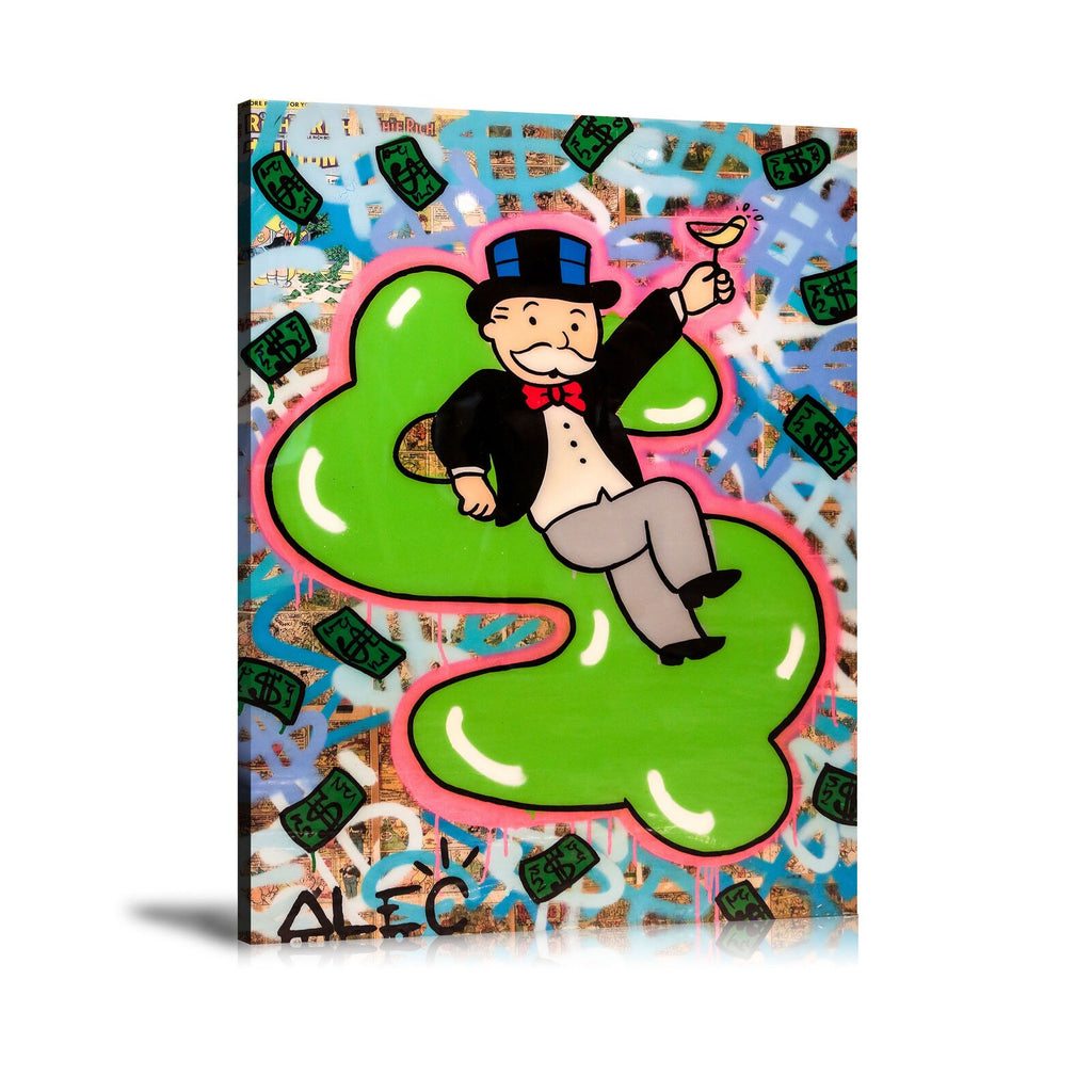 Monopoly Dollar Sign Wall Art: Large Colorful Graffiti Print or Framed Canvas Painting for Modern Living Rooms, Dining Rooms and Bedrooms