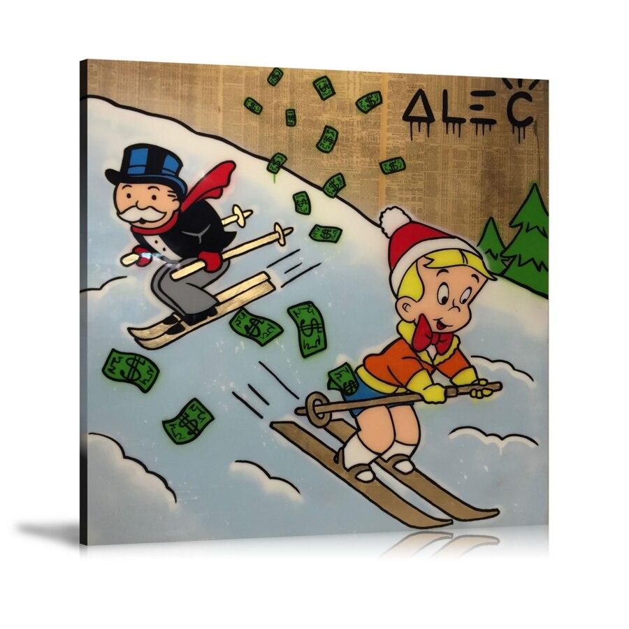 Richie Rich, Skiing, Snow, Pine Tree, US Dollar, Spray Paint, Colorful, Newspapers, Street Art, Prints, Pop Art, Paintings, Canvas, Art, Alec Monopoly, Square