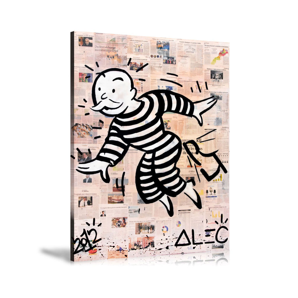 Get Out Of Jail, Jumpsuit, Prison Uniform, Newspapers, Spray Paint, Graffiti, Black And White, Street Art, Prints, Pop Art, Paintings, Canvas, Art, Alec Monopoly, Vertical