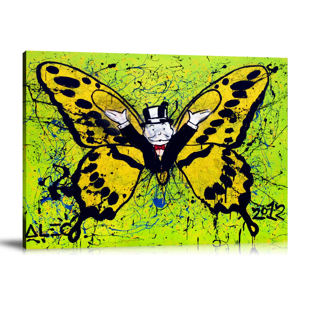 Yellow Butterfly, Green Background, Spray Paint, Graffiti, Colorful, Street Art, Prints, Pop Art, Paintings, Canvas, Art, Alec Monopoly, Landscape