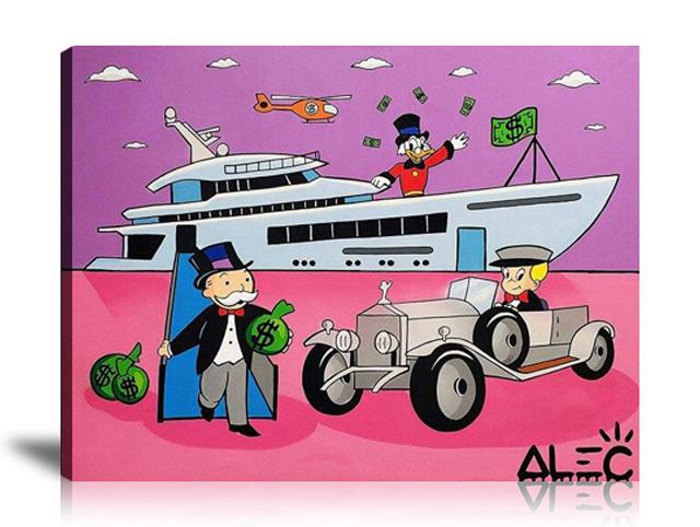 Street Art, Prints, Pop Art, Paintings, Landscape, Canvas, Art, Alec Monopoly, Monopoly, Richie Rich, Scrooge McDuck, Luxury, Money Bag, Private Jet, Yacht, Colorful