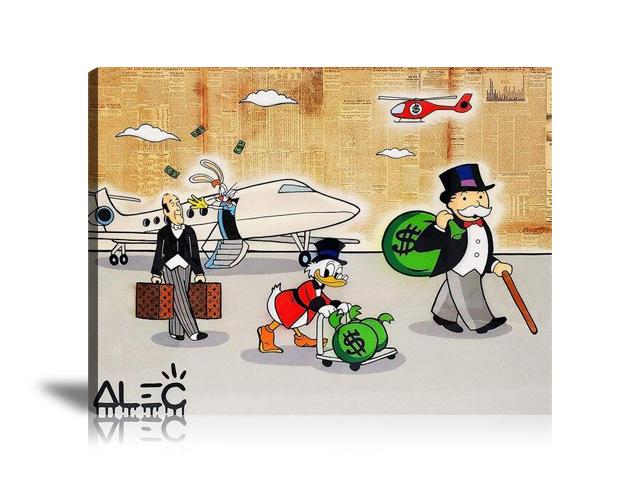 Street Art, Prints, Pop Art, Paintings, Canvas, Art, Alec Monopoly, Private Jet, Private Airplane, Louis Vuitton, Luxury Brand, Dollar Bag, Money Bag, Monopoly, Scrooge McDuck, Bunny, Helicopter, Newspaper, Travel