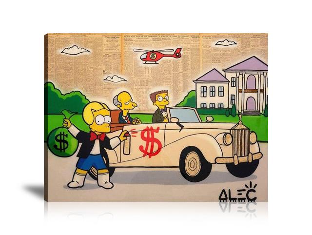 Simpsons, Money Bag, Helicopter, Newspaper, Mr Burns, Smithers, Villa, Roll Royces, Cash Bag, Money, Graffiti, Colorful, Spray Paint, Street Art, Prints, Pop Art, Paintings, Canvas, Art, Alec Monopoly, Travel, Landscape