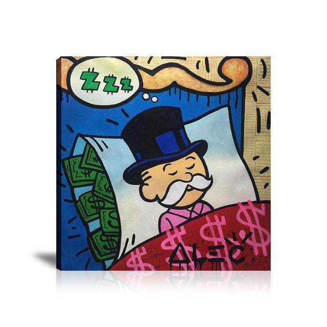 Sleeping, Sweet Dream, Money Dream, Money, Money, Pillow, Dollars, Newspaper, Graffiti, Spray Paint, Colorful, Street Art, Prints, Pop Art, Paintings, Canvas, Art, Alec Monopoly, Square, Newspapẻ