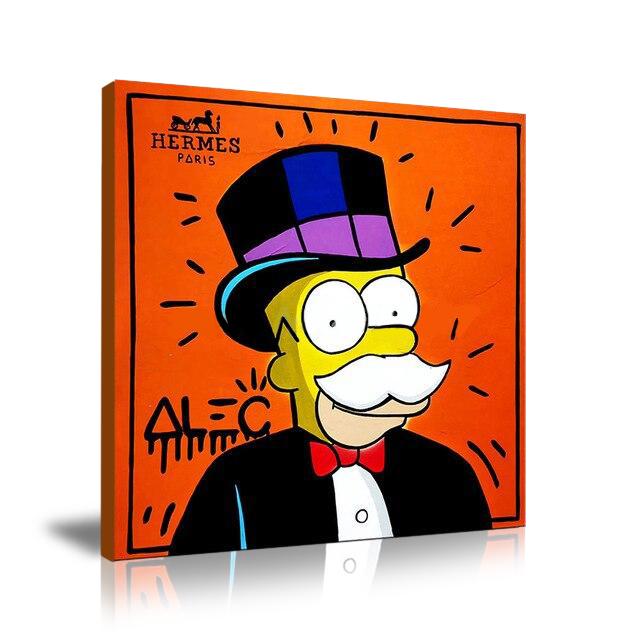 Homer Simpson, Portrait, Money Lover, Happy, Hermes, Luxury Brand, Street Art, Square, Prints, Pop Art  Paintings, Canvas, Art, Alec Monopoly