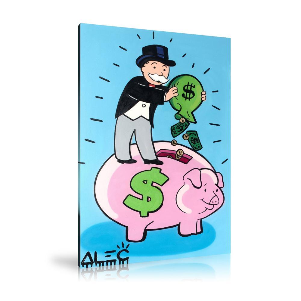 Street Art, Prints, Pop Art, Paintings, Canvas, Art, Alec Monopoly, Piggy Bank, Monopoly, Rich, Dollar, Dollar Bag, Money Bag, Saving, Paint, Colorful