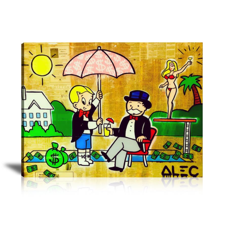 Umbrella, Cash Bag, Money Bag, Richie Rich, Jessica Rabbit, Pool Party, Newspaper, Spray Paint, Graffiti, Colorful, Street Art, Prints, Pop Art, Paintings, Canvas, Art, Alec Monopoly, Landscape