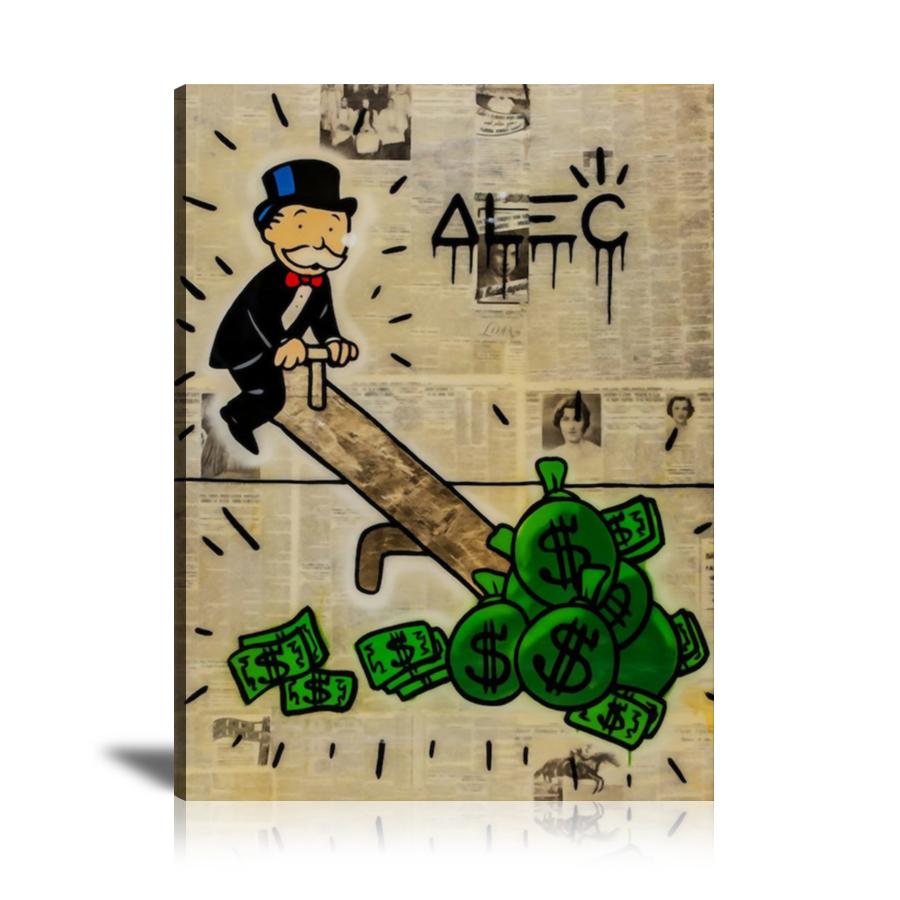 Cash Bag, Money Bag, Seesaw, Dollar Sign, Newspaper, Spray Paint, Graffiti, Street Art, Prints, Pop Art, Paintings, Canvas, Art, Alec Monopoly, Vertical