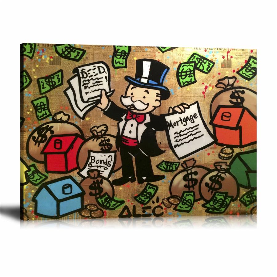 Bonds Mortgage, Cash Bag, Money Bag, Dollar Sign, US Dollar, Newspaper, Spray Paint, Graffiti, Colorful, Monopoly, Street Art, Prints, Pop Art, Paintings, Canvas, Art, Alec Monopoly, Landscape