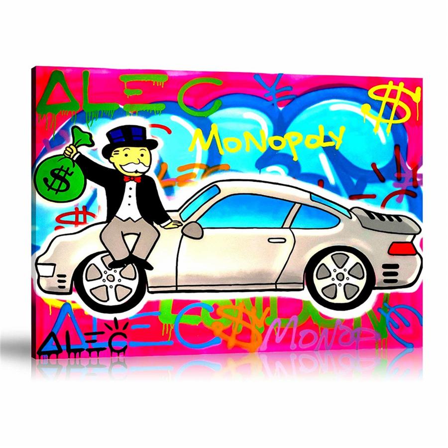 Cash Bag, Porsche 911, Car, US Dollar, Japanese Yen, Spray Paint, Colorful, Street Art, Prints, Pop Art, Paintings, Canvas, Art, Alec Monopoly, Landscape