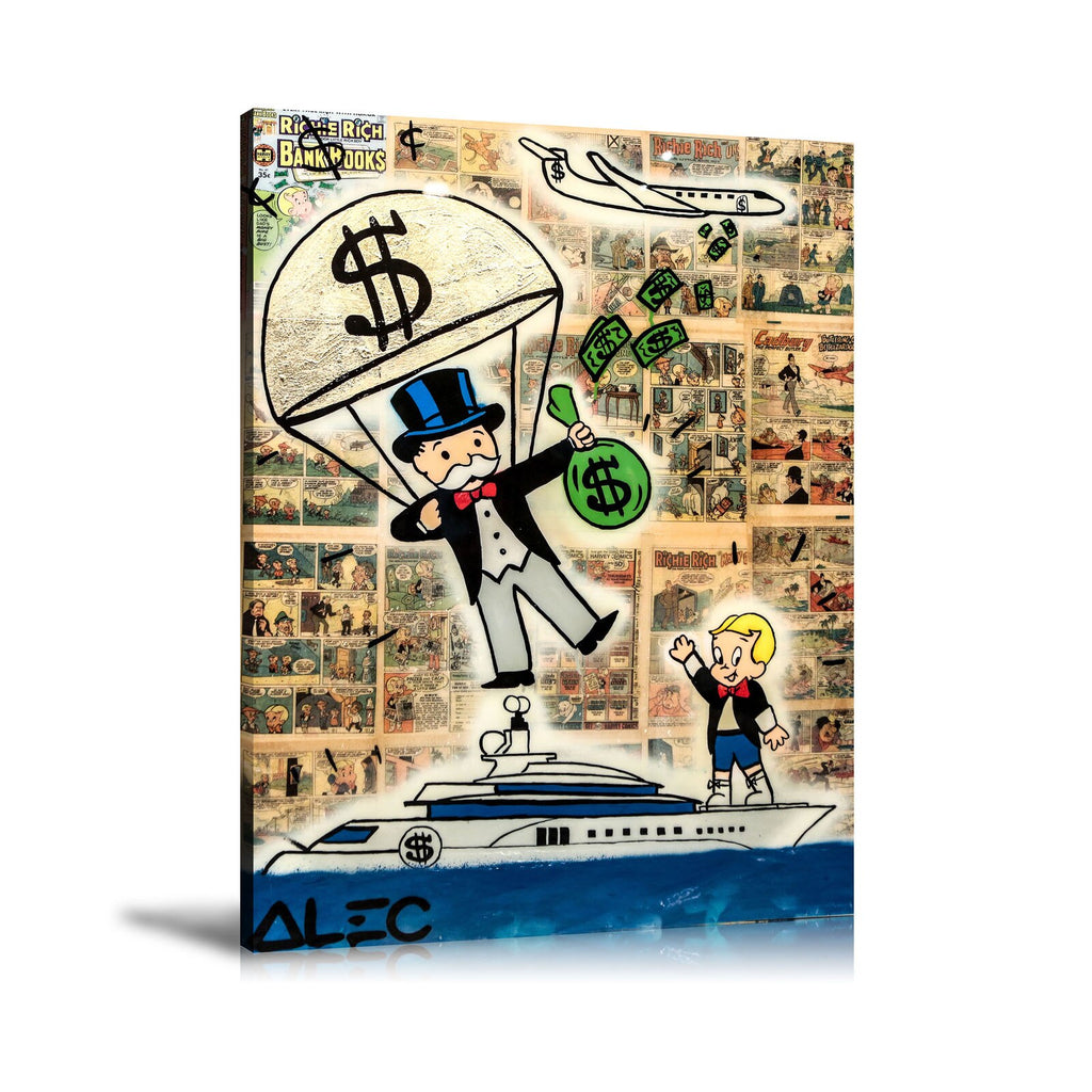 Richie Rich, Cash Bag, Airplane, Luxury Motoryacht, Parachute, Spray Paint, Newspaper, Colorful, Street Art, Prints, Pop Art, Paintings, Canvas, Art, Alec Monopoly, Vertical, Collage Art, Comic