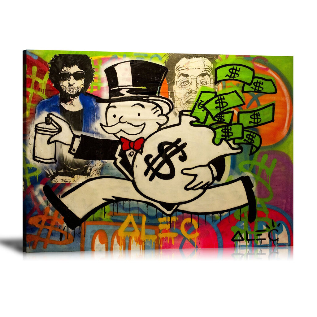 Holding Money, Cash Bag, Money Bag, Jack Splash, Jack nicholson, Dollar Sign, Spray Paint, Graffiti, Colorful, Runaways, Street Art, Prints, Pop Art, Paintings, Canvas, Art, Alec Monopoly, Landscape