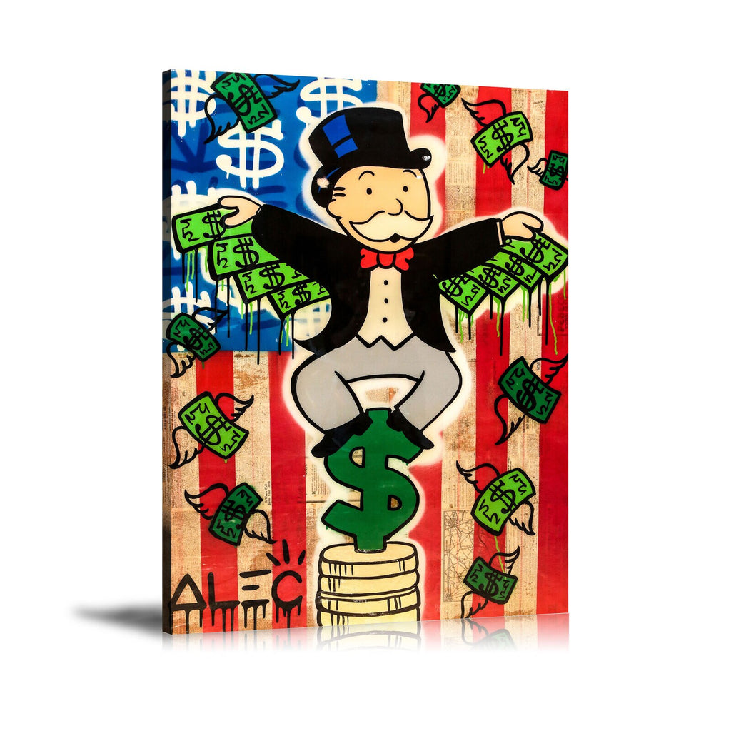 Street Art, Prints, Pop Art, Paintings, Canvas, Art, Alec Monopoly, Monopoly, Money, Dollar, America, America Flag, Flying, Coins, Spray Paint